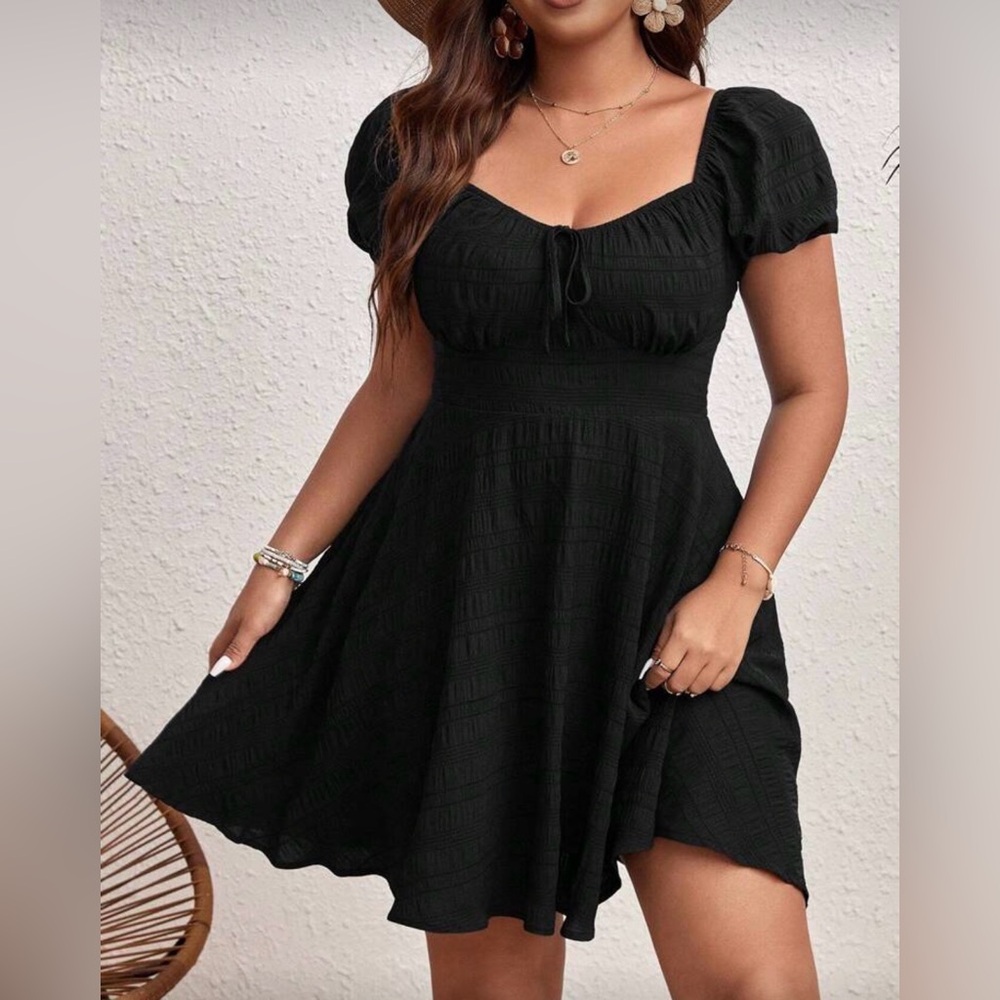 SHEIN Black Plus Sweetheart Neck Puff Sleeve Knot Summer Dress, Women’s Size 0XL